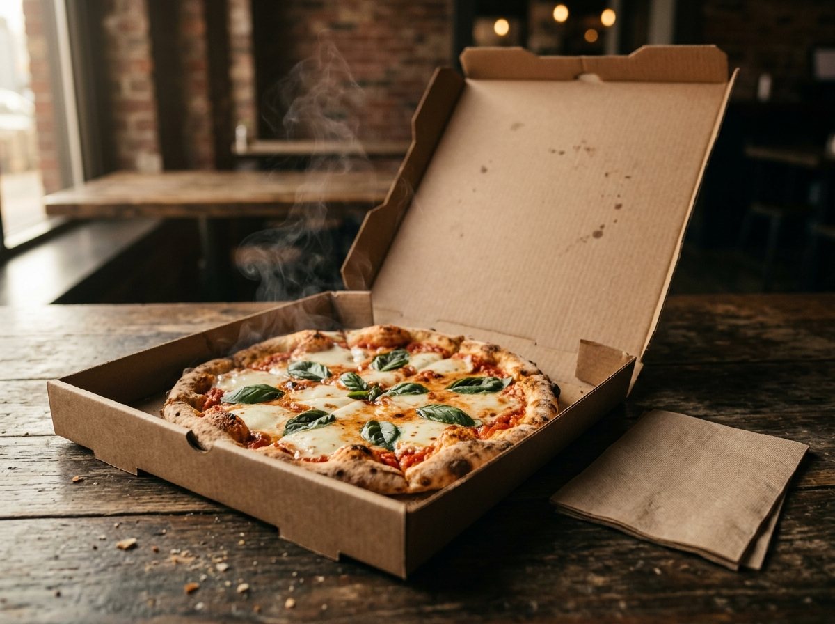 Pizza servie dans sa boîte en carton kraft ouverte, sur une table de restaurant