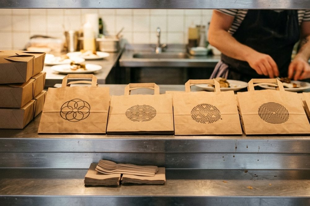 Rangée de sacs kraft tamponnés et pile de boîtes repas kraft sur le passe d'une cuisine de restaurant