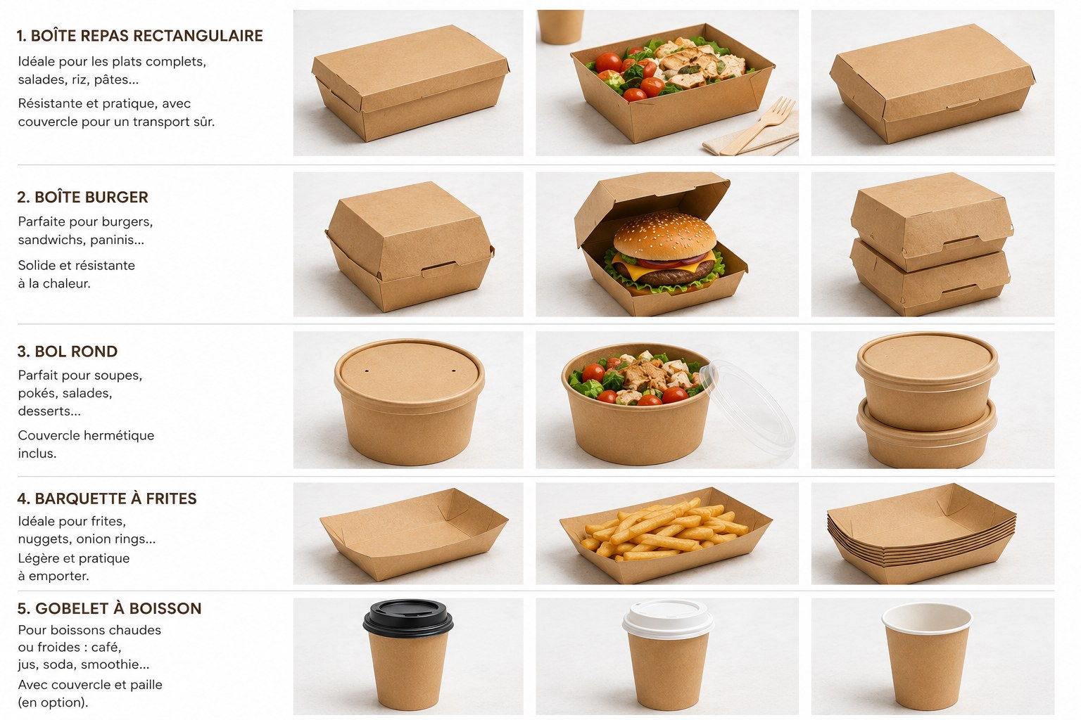 Planche des cinq formats : boîte repas rectangulaire, boîte burger, bol rond, barquette à frites, gobelet à boisson