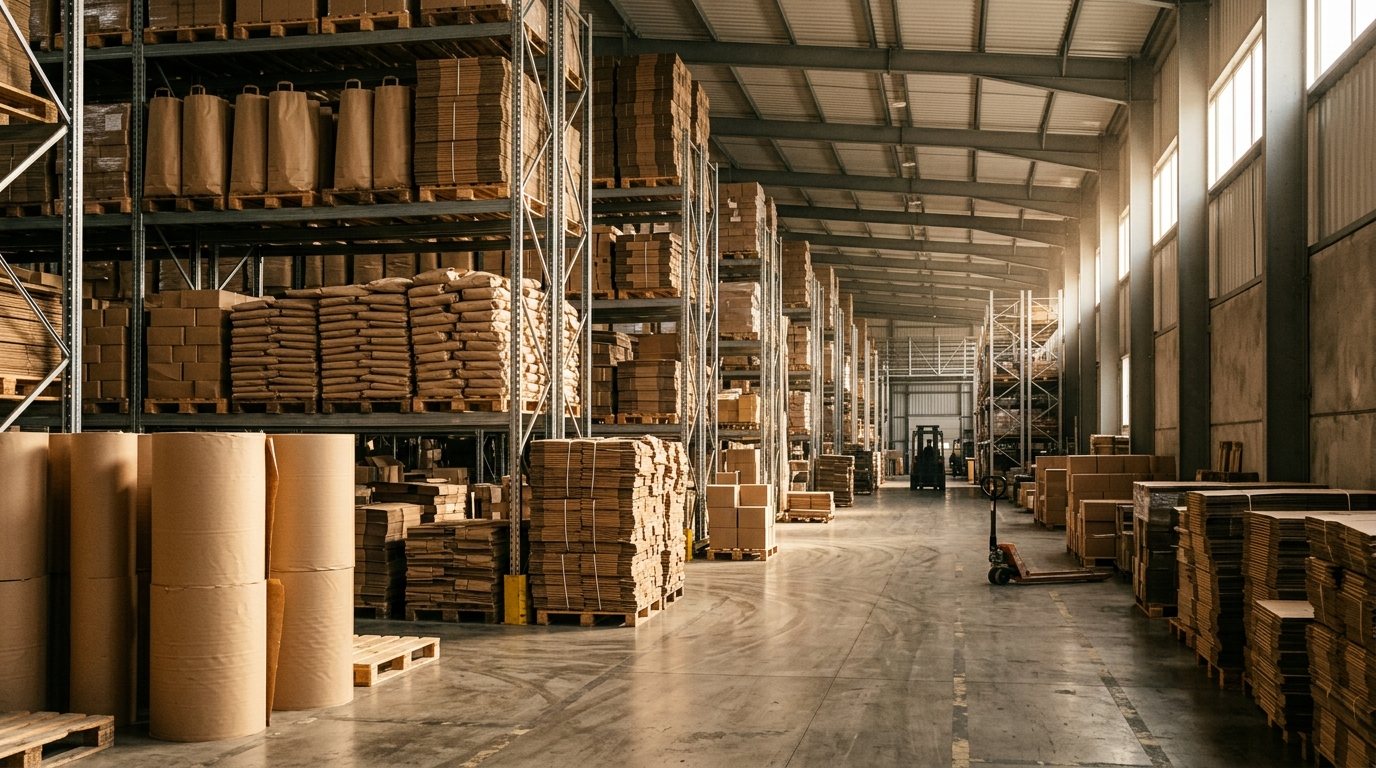 Entrepôt de distribution d'emballages : rayonnages de cartons et bobines de papier kraft