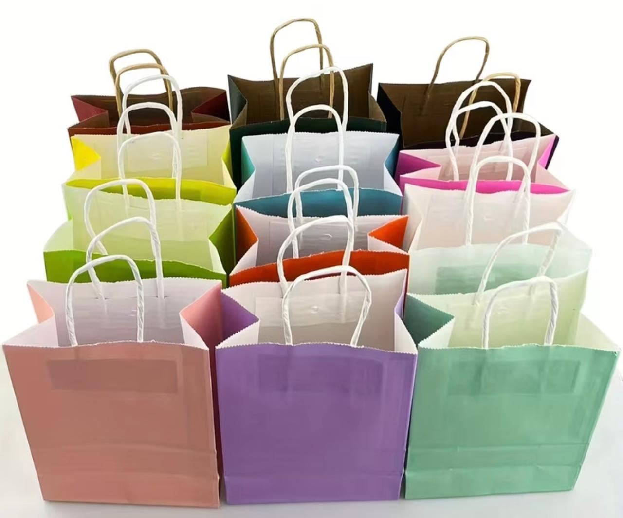 Sacs papier de plusieurs coloris alignés, poignées torsadées