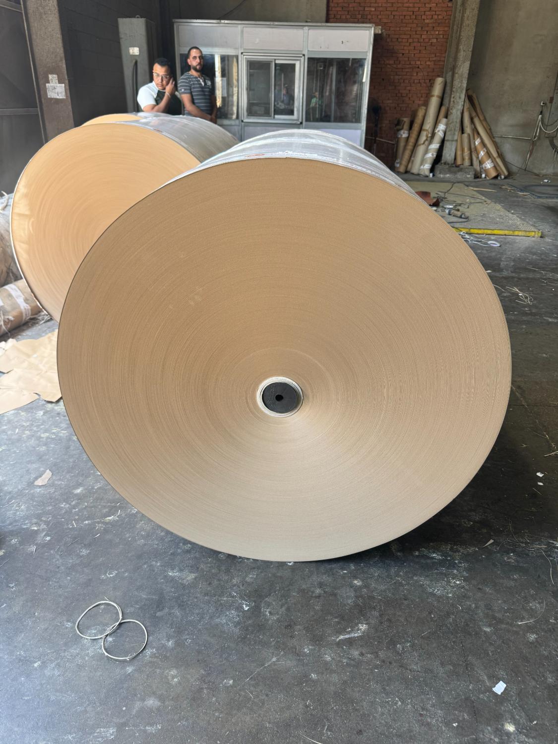 Bobines de papier kraft de grand diamètre dans l'atelier de production